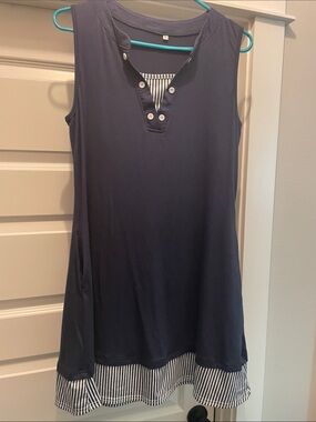 Navy Sleeveless Tank Dress with Striped Hem